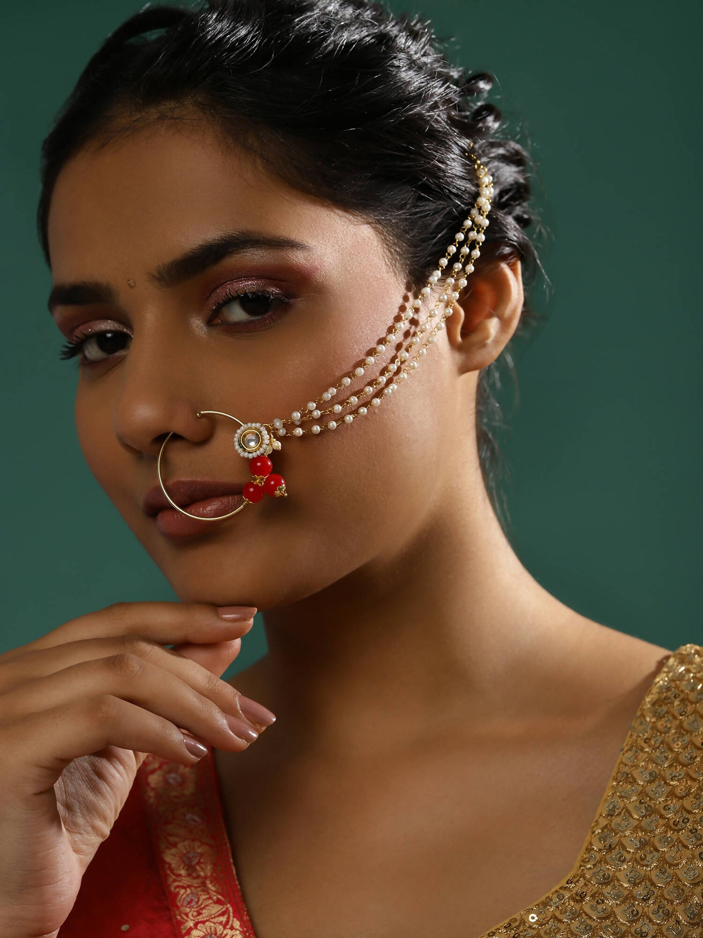 White Red Gold-Polished Kundan-Studded Beaded Nosepin - Ruby Raang | Swadesiicart