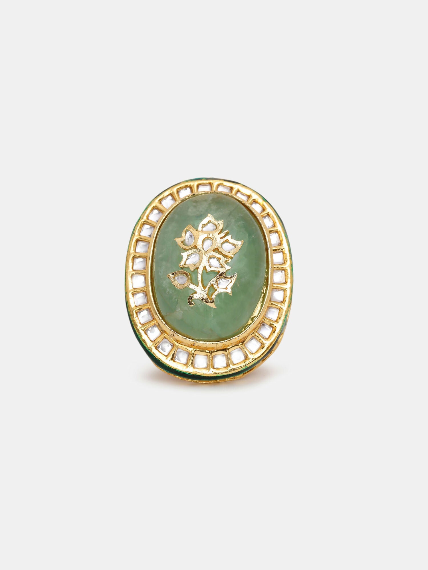 Ruby Raang Gold Polished Green Kundan And Stone Ring | Swadesiicart