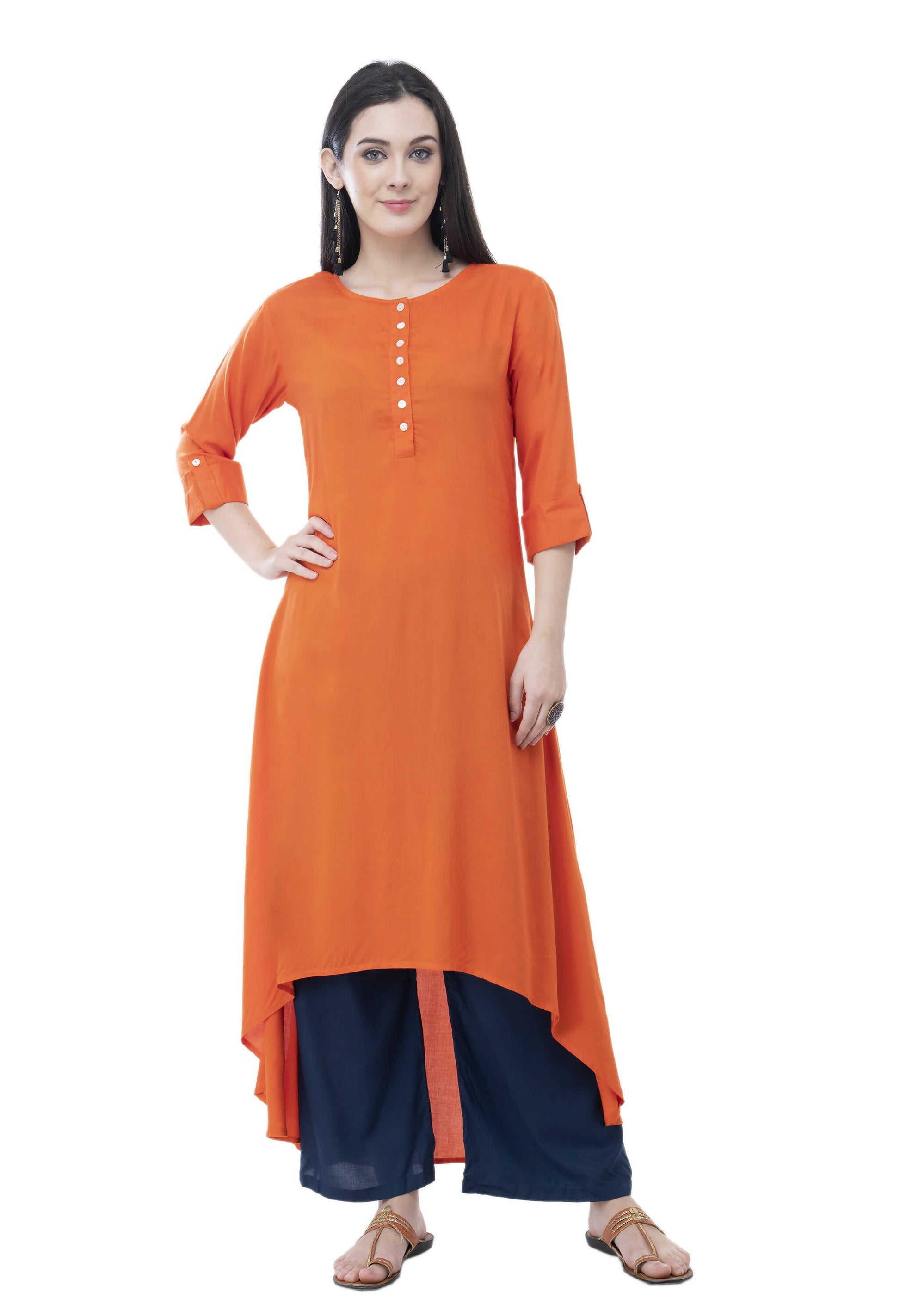 Women's Orange Updown Kurti With Sleeve Cuff And Tabs, Front Buttons - G & A Apparels | Swadesiicart