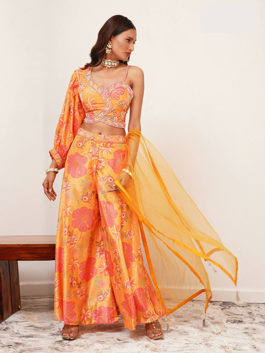 Orange Digital Chinon Handwork Top with Palazzo & Dupatta - Naomika - Swadesiicart