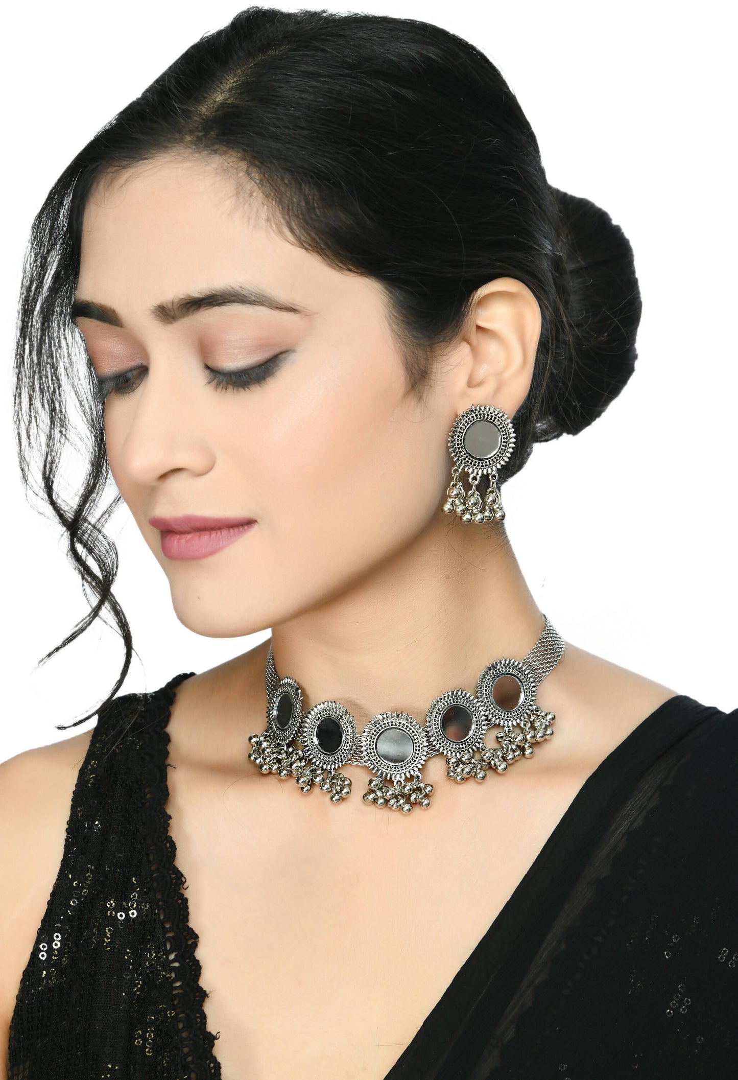 Mominos Fashion Johar Kamal Silver-Plated Brass Finish Mirror Work Women Choker | Swadesiicart
