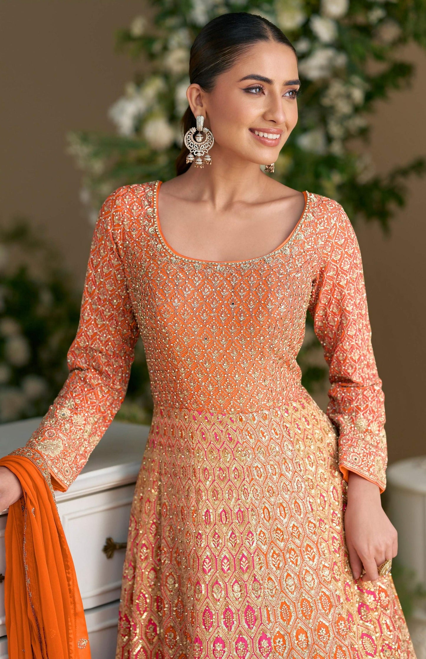 Anaita Orange Georgette Readymade Anarkali Suit with Embroidery Zarkan Work