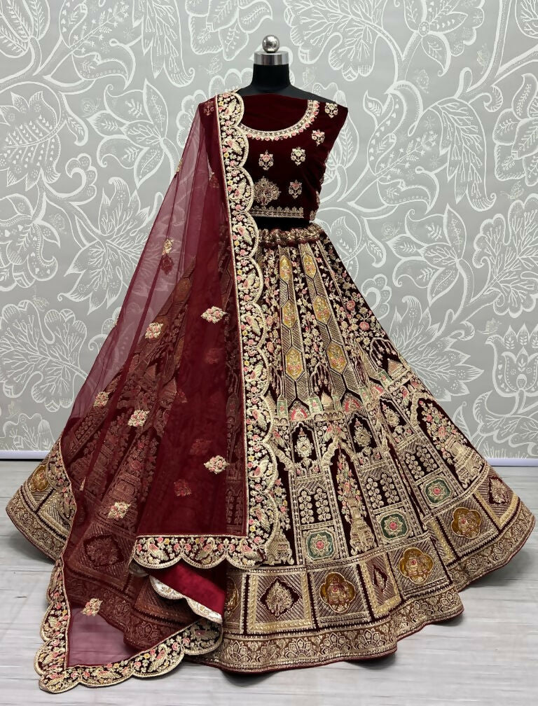 Jyoti Fashion Women's Maroon Velvet Dori, Multi Thread Embroidered with Diamond Work Wedding Lehenga Choli | Swadesiicart