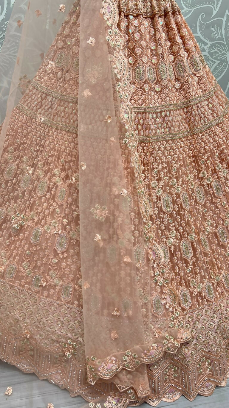 Jyoti Fashion Women's Peach Heavy Net Fancy Dori, Multi Thread, Rainbow Sequins and Diamond Work Wedding Lehenga Choli | Swadesiicart