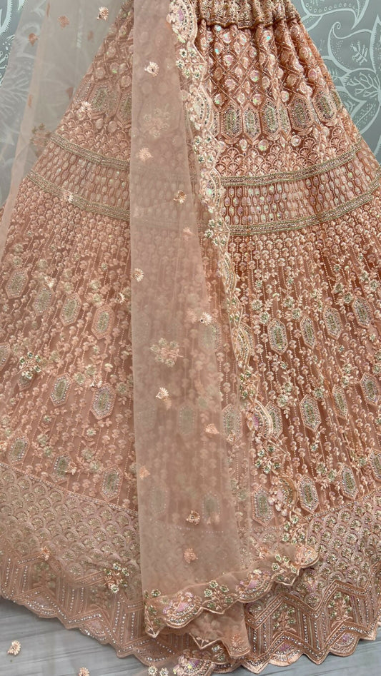 Jyoti Fashion Women's Peach Heavy Net Fancy Dori, Multi Thread, Rainbow Sequins and Diamond Work Wedding Lehenga Choli | Swadesiicart