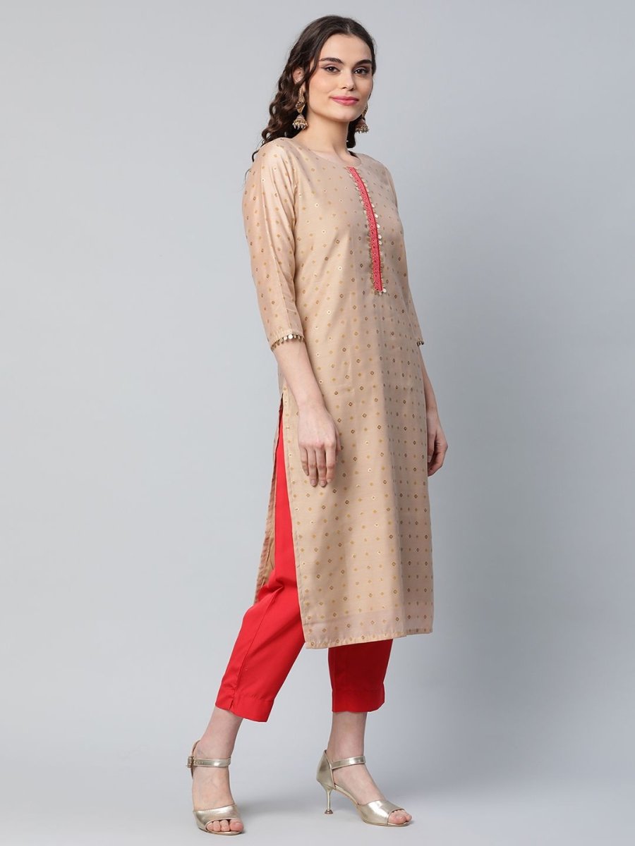 Ahalyaa Women Beige Colour Chanderi Printed Kurta Pant Set | Swadesiicart