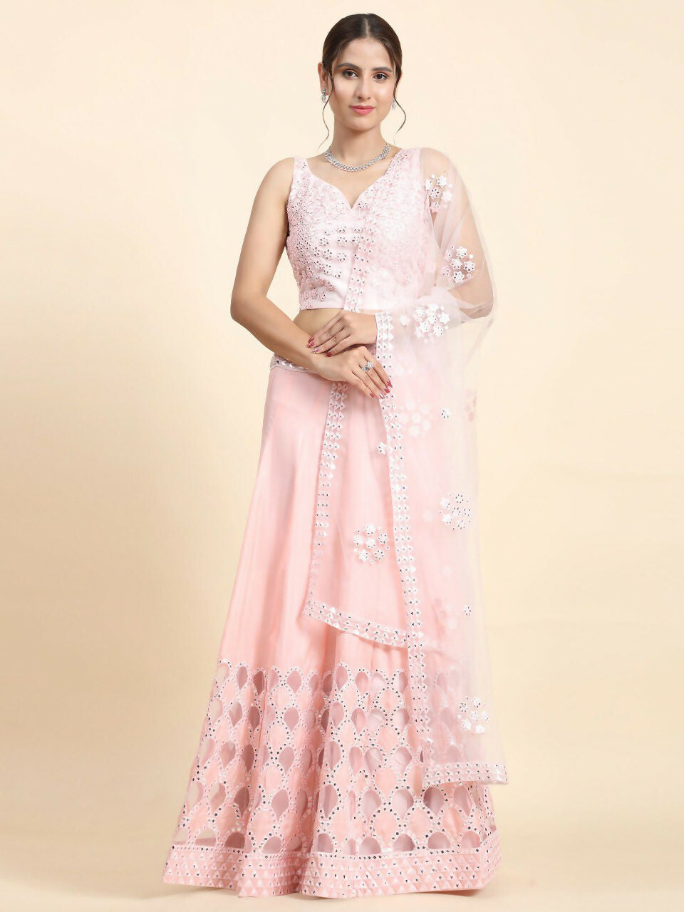 Jyoti Fashion Dreamy Baby Pink Silk Thread with Paper Mirror & Cut work Lehenga Choli with Dupatta | Swadesiicart