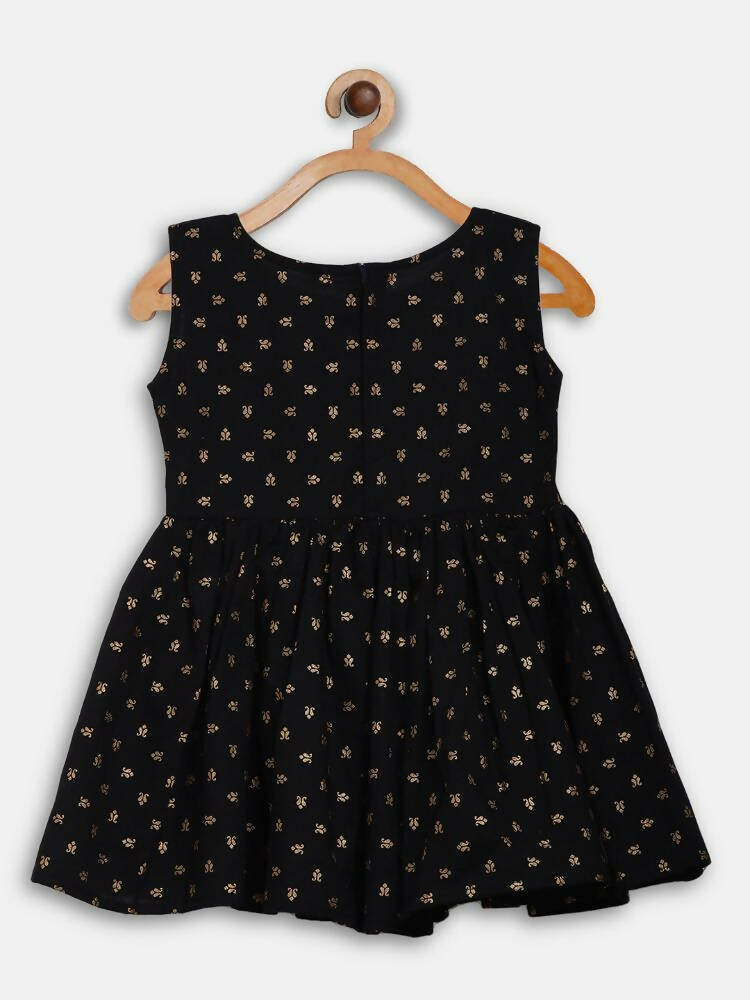 Ahalyaa Black Cotton Gold Print Kids Kurta Sharara Sets For Girls | Swadesiicart