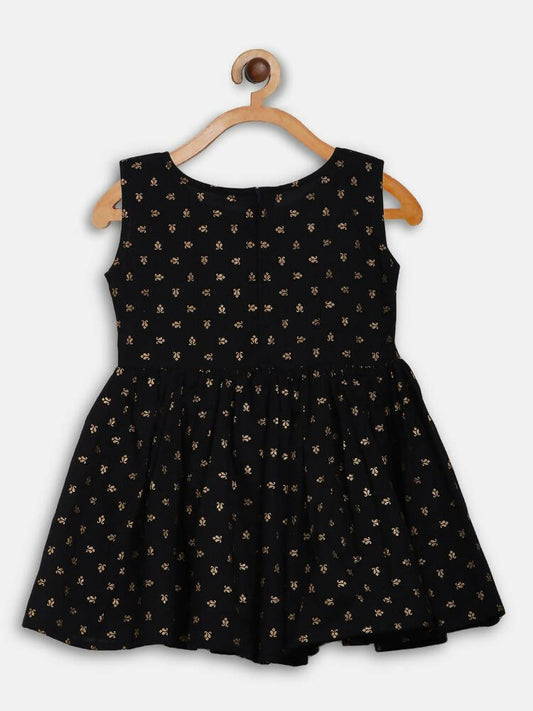 Ahalyaa Black Cotton Gold Print Kids Kurta Sharara Sets For Girls | Swadesiicart