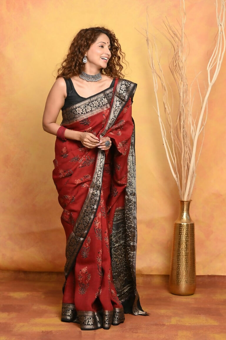 Very Much Indian Modal Silk Ajrakh Handblock Printed Natural Dyes With Designer Border Saree - Red | Swadesiicart