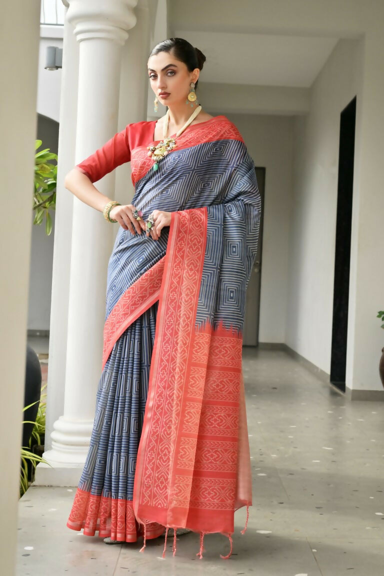 Vishnu Weaves Women's Red Soft Tussar Silk Printed Saree with Blouse - Swadesiicart