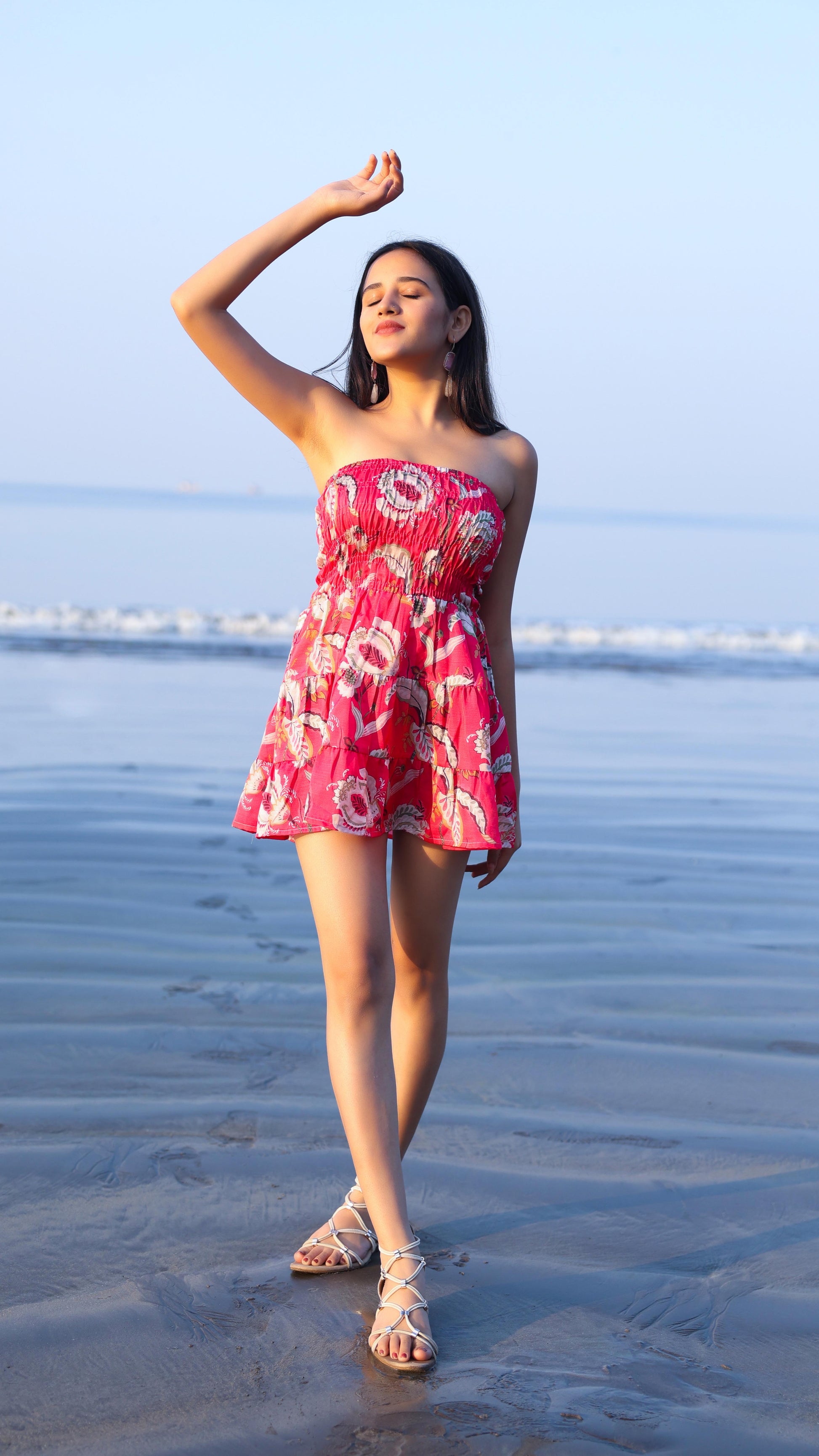 Noroke Linen Red Floral Mini Tiered Dress - Printed | Swadesiicart
