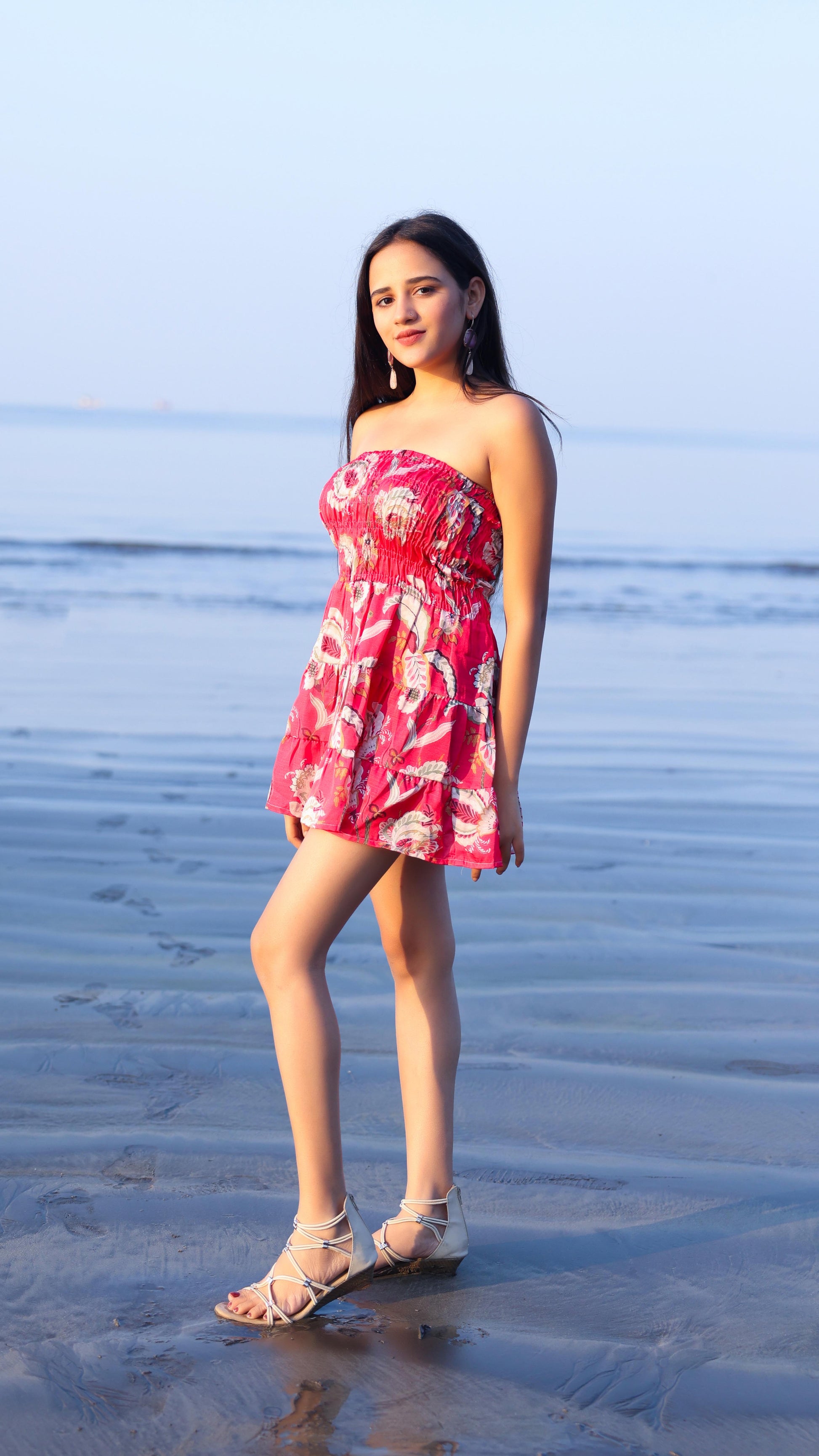 Noroke Linen Red Floral Mini Tiered Dress - Printed | Swadesiicart