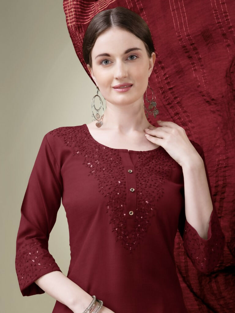 Jyoti Fashion Women's Maroon Cotton Blend Embroidery & Sequence work Kurta with Trouser & Dupatta | Swadesiicart