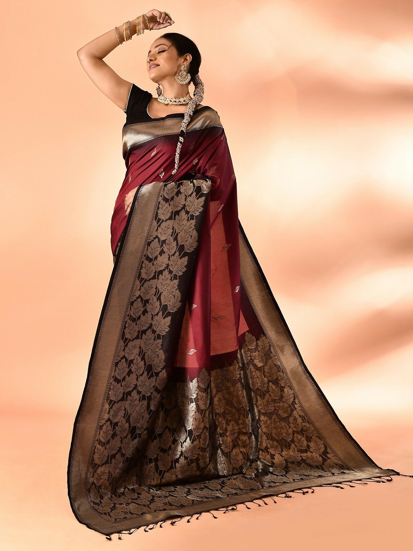 Joban Fashion Maroon & Black Plain With Weaving Border Banarasi Silk Sarees | Swadesiicart