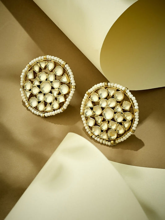 Nuyug 22K Gold-Plated Elegant Kundan Stone Studded & Pearl Beaded Disc Studs | Swadesiicart