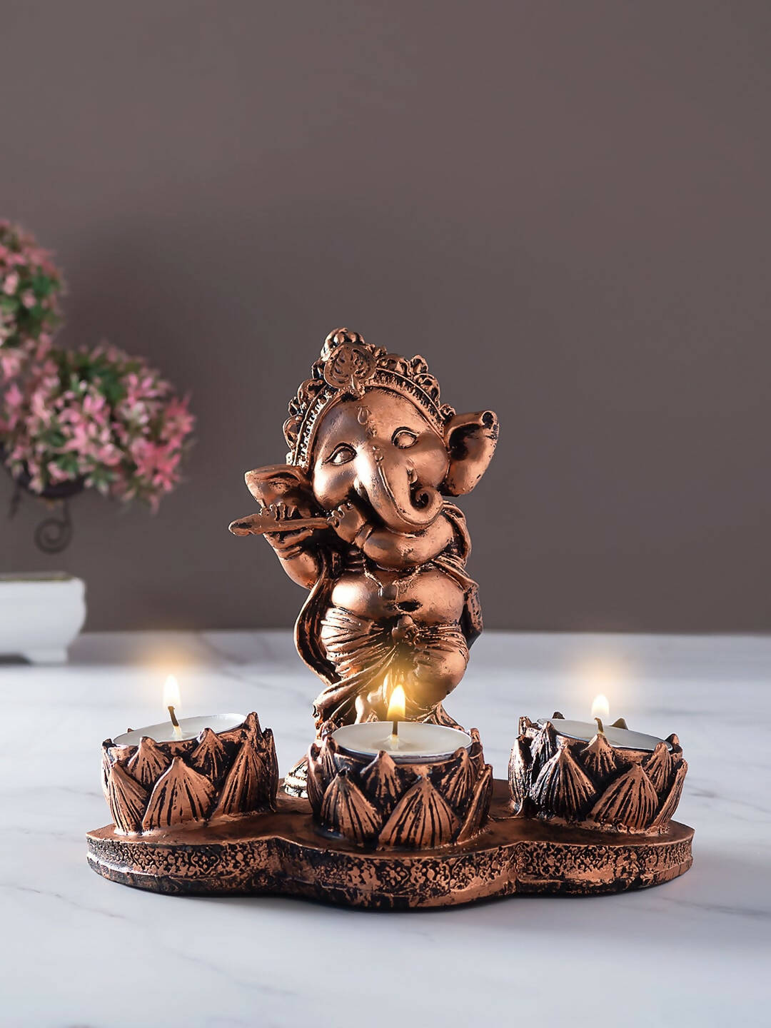 Golden Peacock Brown Ganesha Diya Holder | Swadesiicart