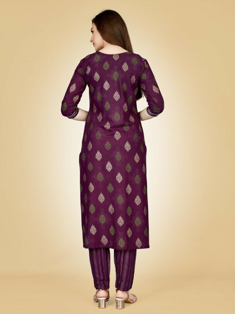 Jyoti Fashion Women's Wine Viscose Rayon Embroidered Kurta Pant Set | Swadesiicart