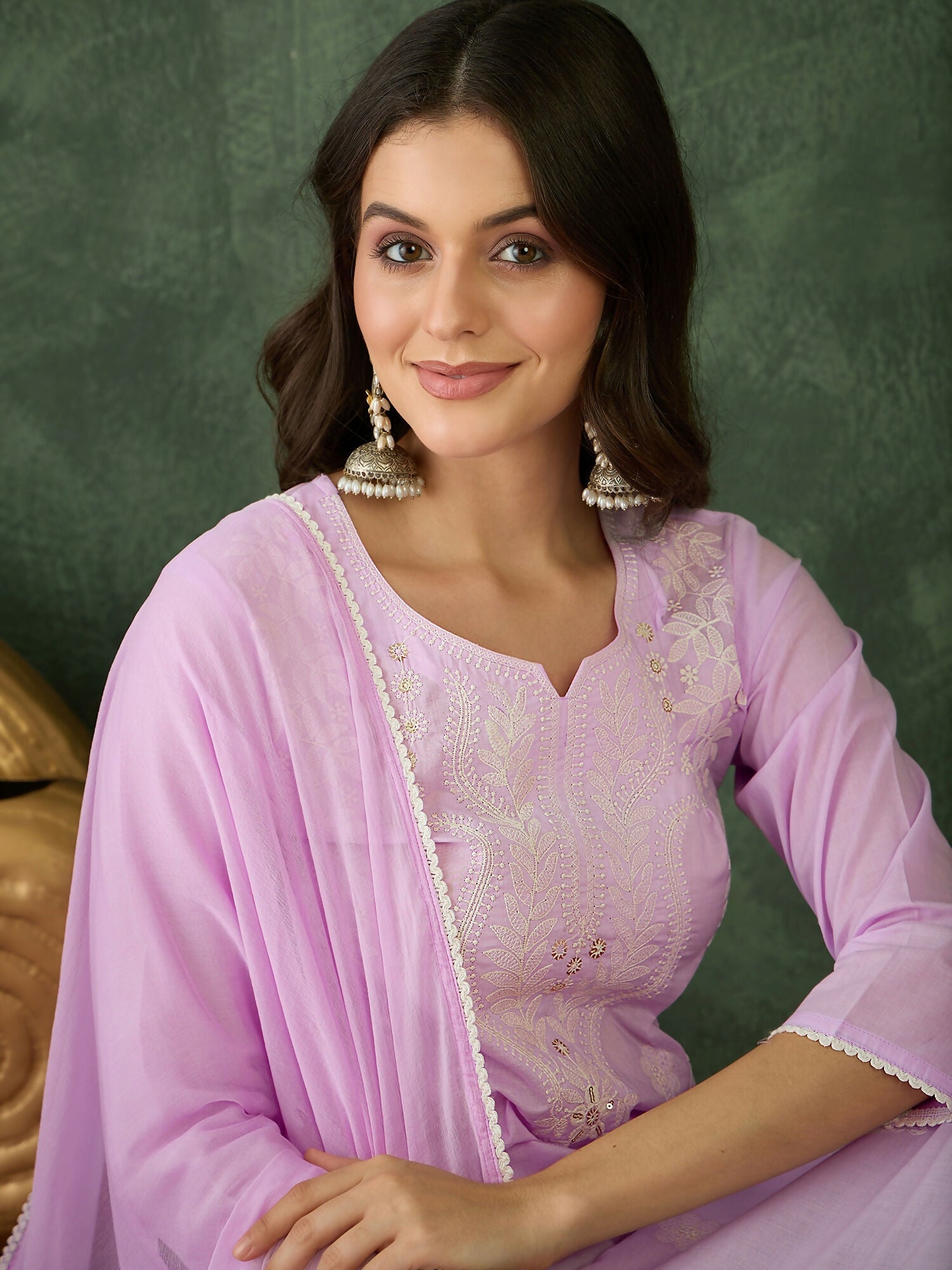 The52 Purple Women's Gorgeous Cotton Blend Fabric Thread Work Straight Kurta, Pant and Dupatta Set - Swadesiicart