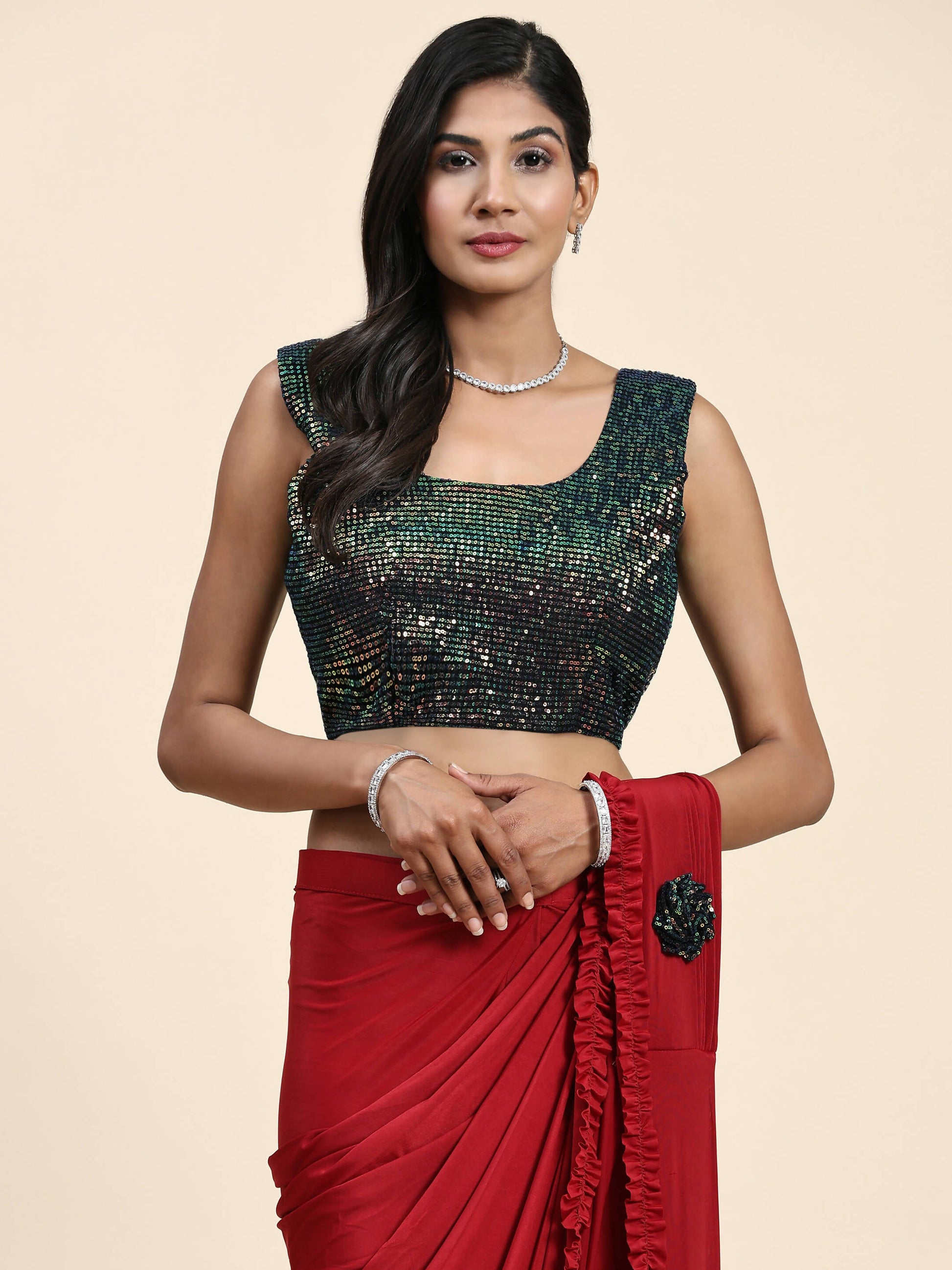 Red Imported Fabric Plain Ready to wear Saree with stitched Blouse - Vrinda | Swadesiicart