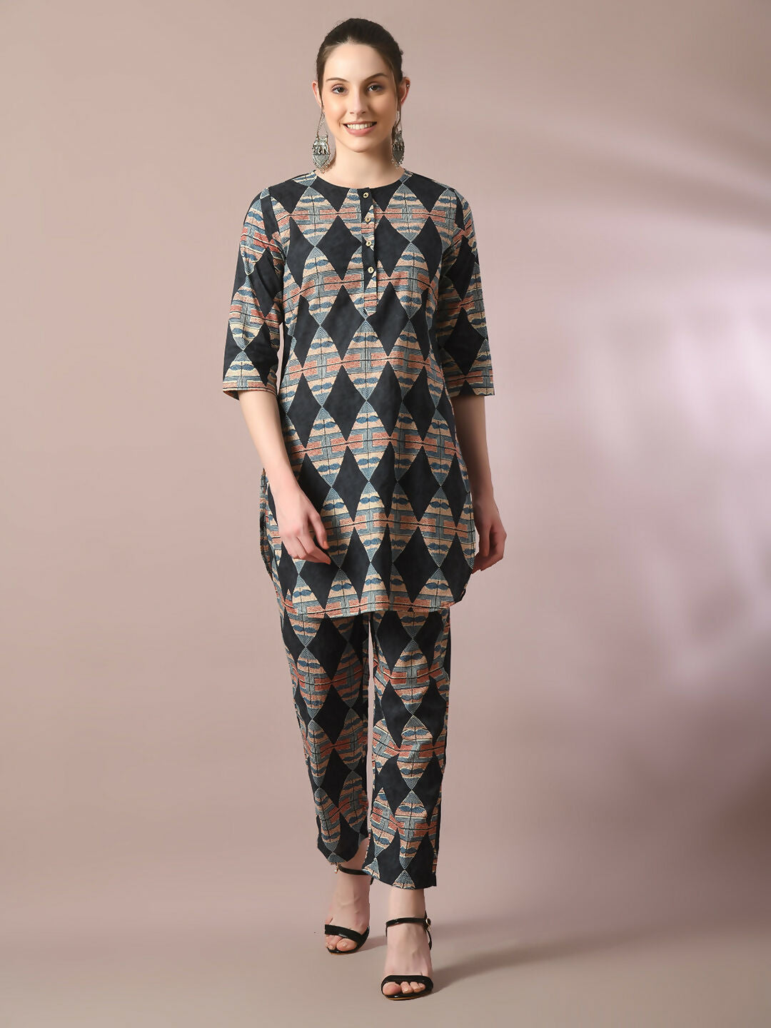 Myshka Women's Multi Printed Cotton Round Neck Party Tunic With Trousers Co-ord set - Swadesiicart