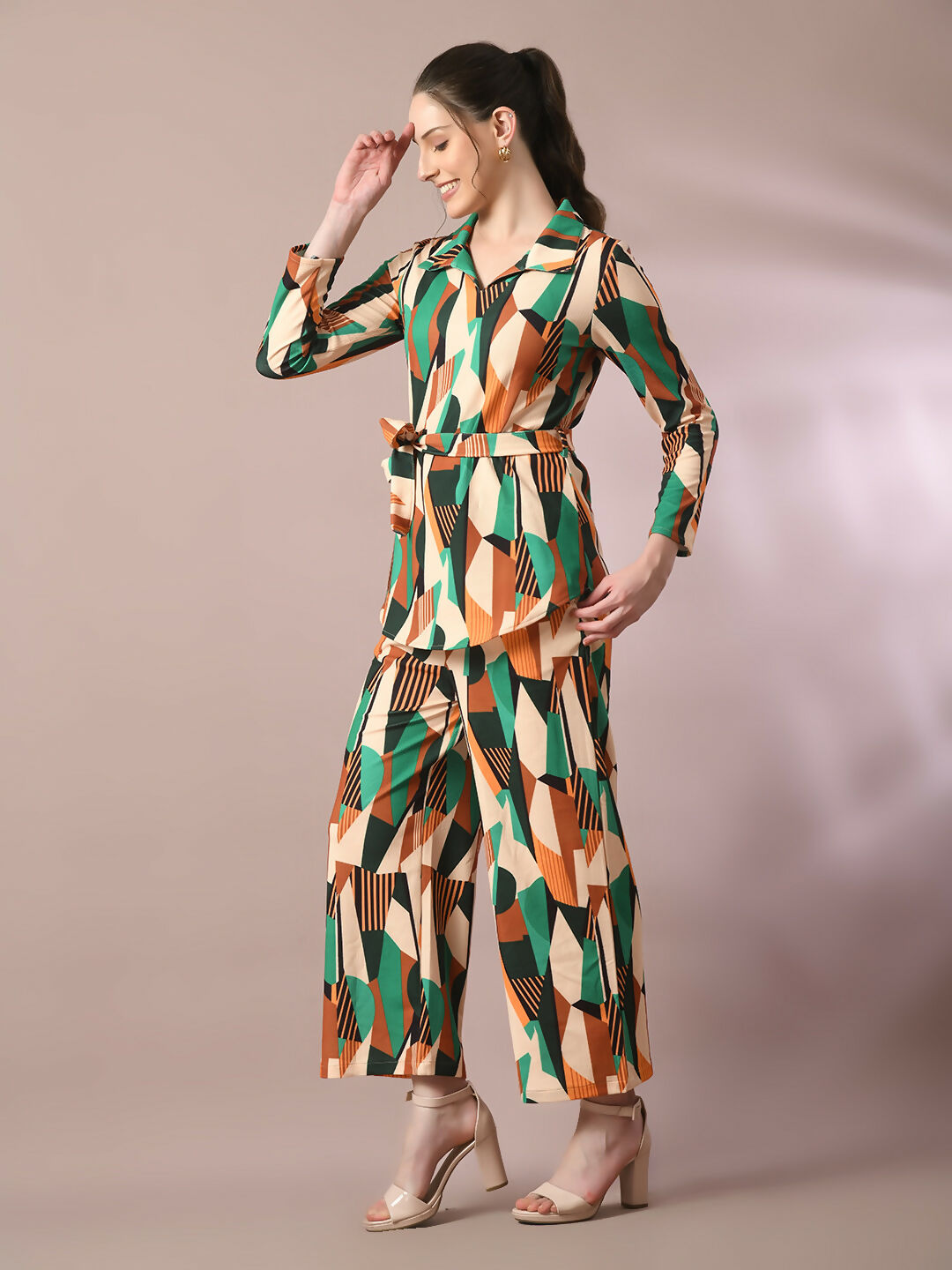 Myshka Women's Multi Printed Polo Collar Party Top With Trousers Co-ord set - Swadesiicart