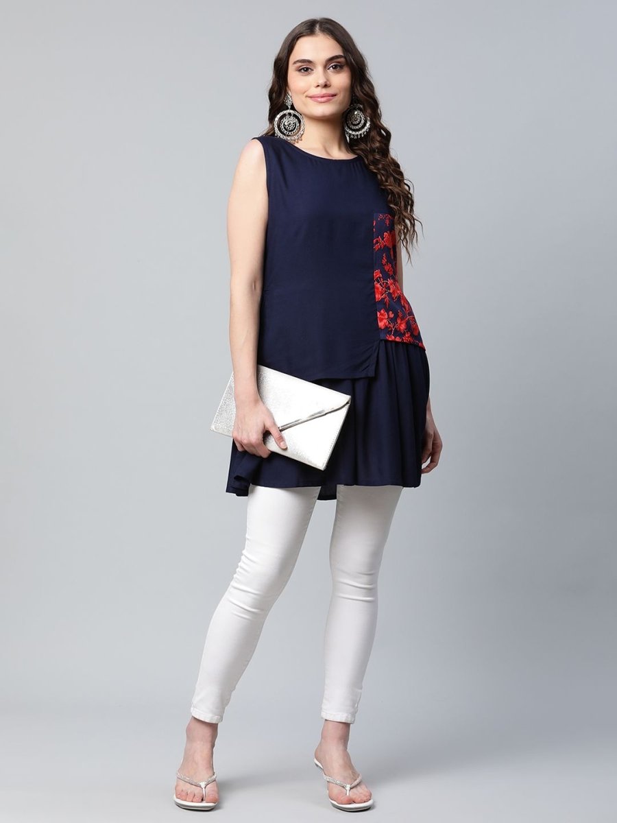 Ahalyaa Women Navy Blue Rayon Printed Tunic | Swadesiicart