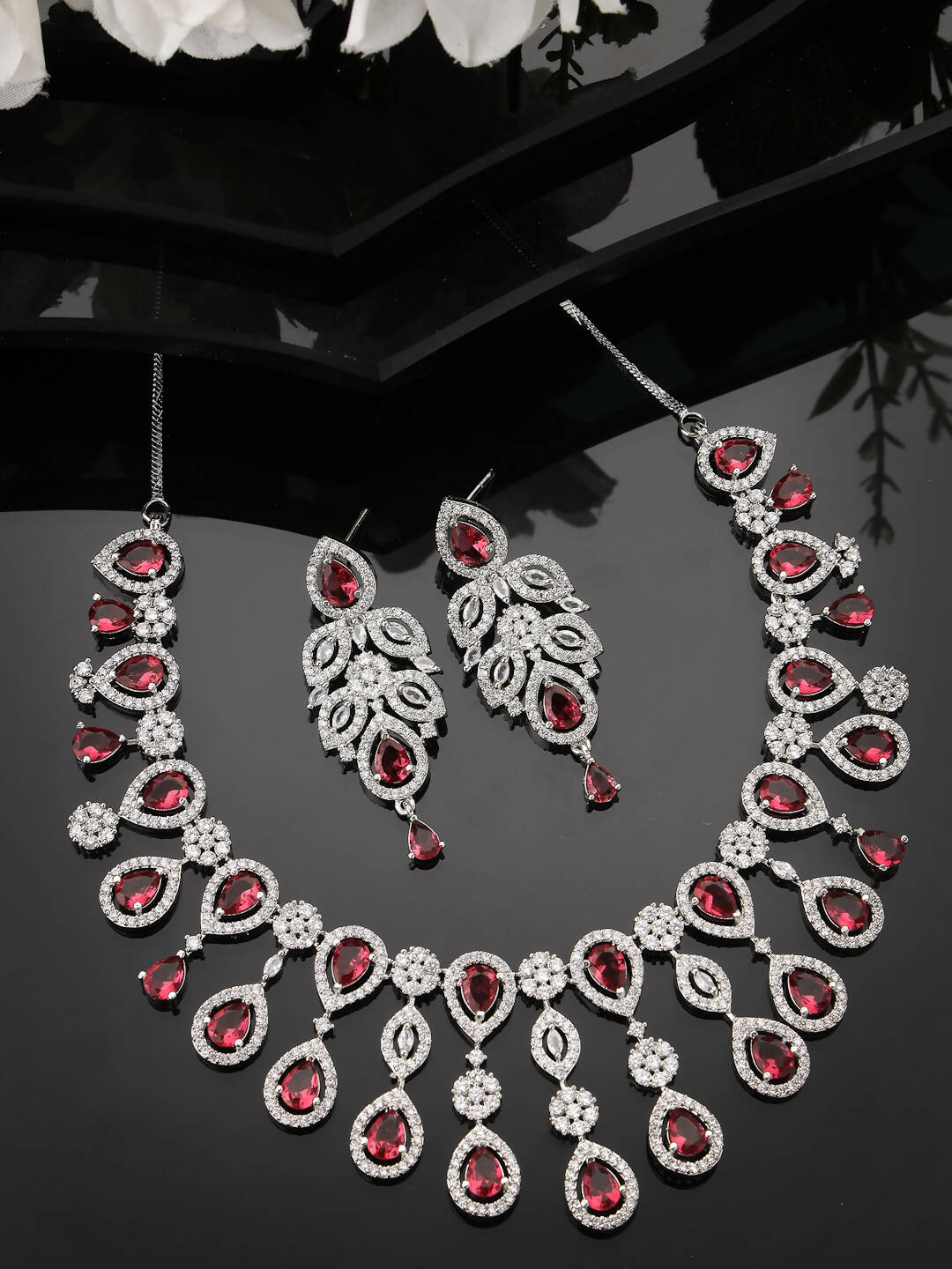 NVR Women Silver Plated & Maroon Cz Stone Handcrafted Jewellery Set - Swadesiicart