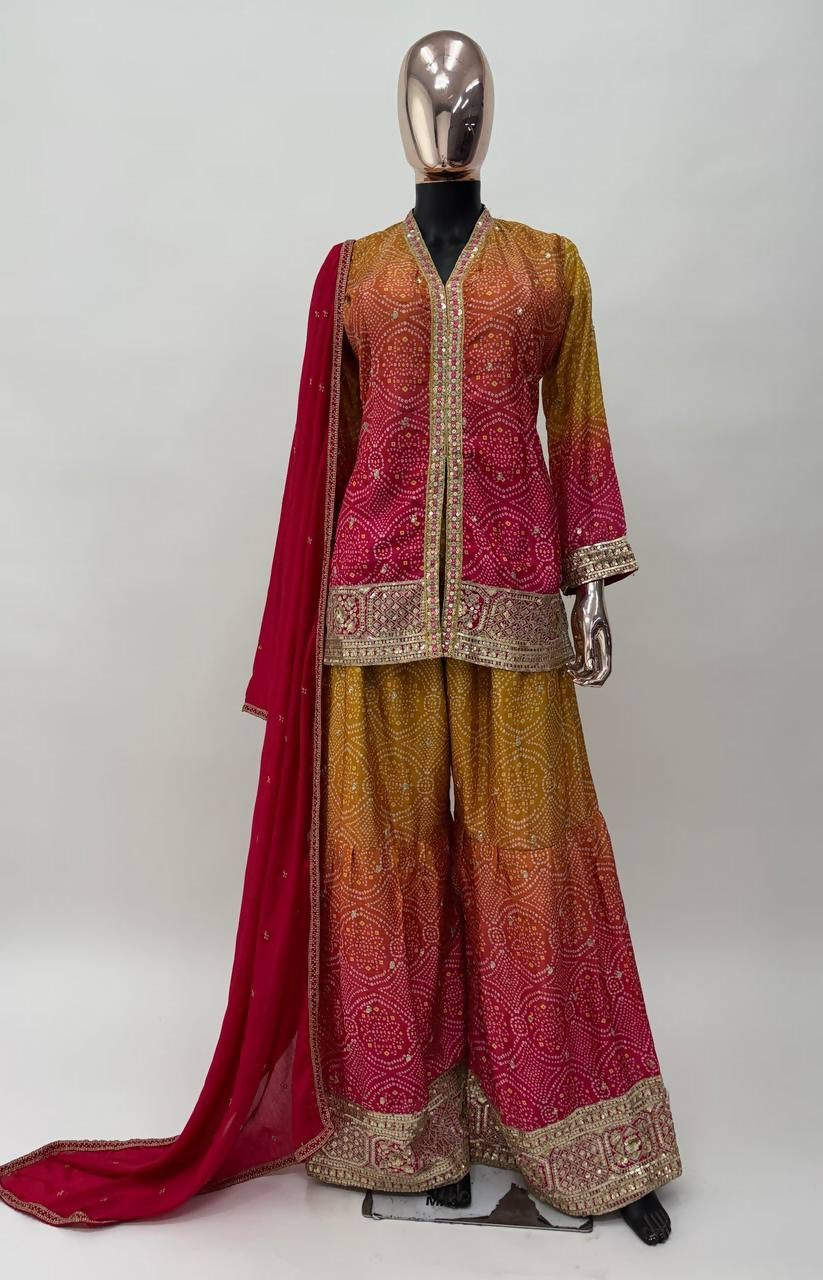 Lorenvalley Fashion Yellow and Pink Chinon Embroidery With Sequince Work Salwar Kameez Stitched | Swadesiicart