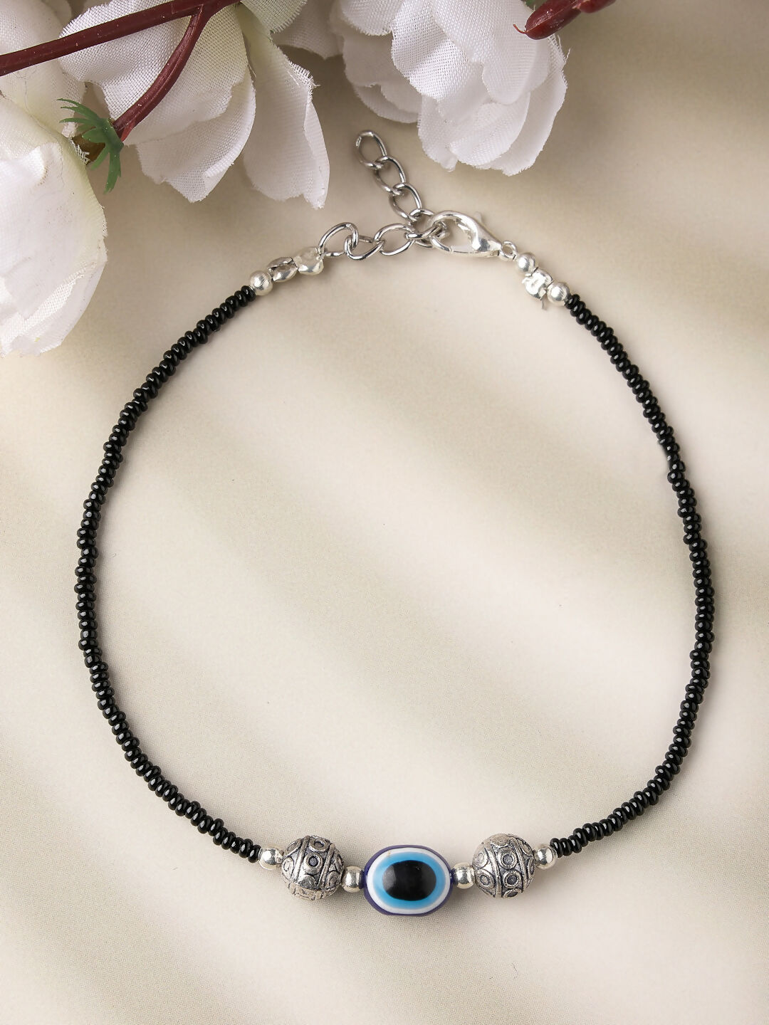 NVR Women Set of 2 Brass-Plated Stone-Studded & Evil Eye Beaded Anklet | Swadesiicart