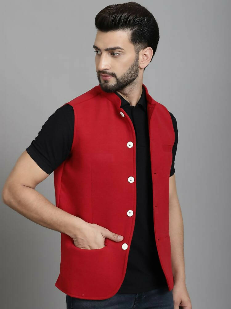 Even Apparels Nehru Jacket With Welt Pockets - Red | Swadesiicart