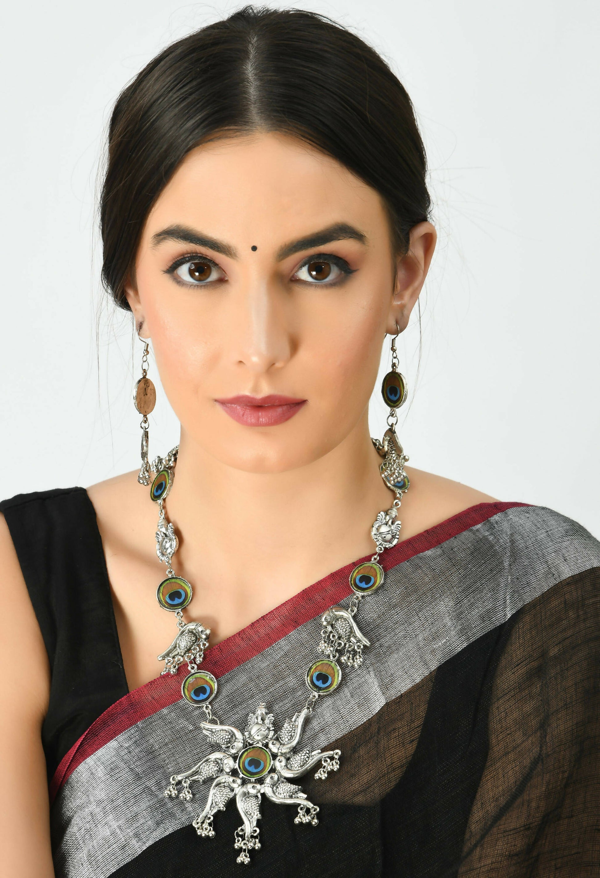 Mominos Fashion Johar Kamal Oxidised Silver-Plated Brass Finish Peacock Design Long Necklace Set For Women - Swadesiicart