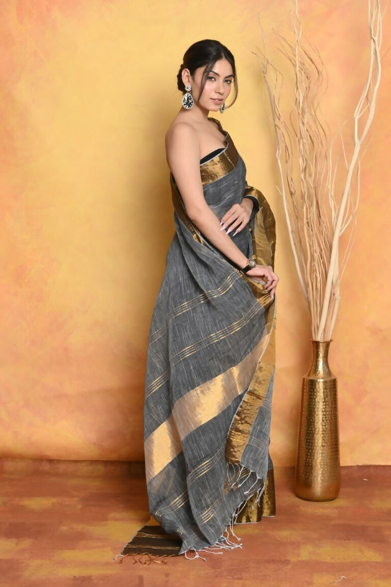 Very Much Indian Handloom Pure Cotton Linen Saree With Golden Border - Grey Gold | Swadesiicart