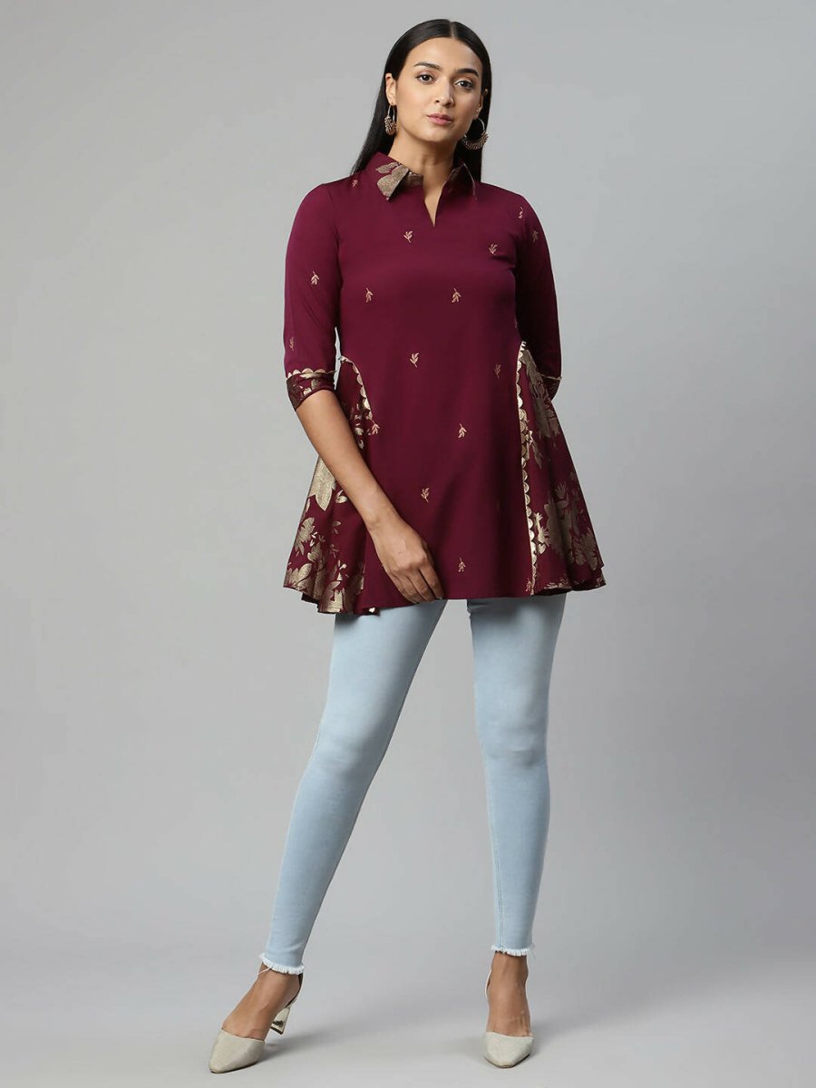 Ahalyaa Women Wine Crepe Printed Tunic | Swadesiicart
