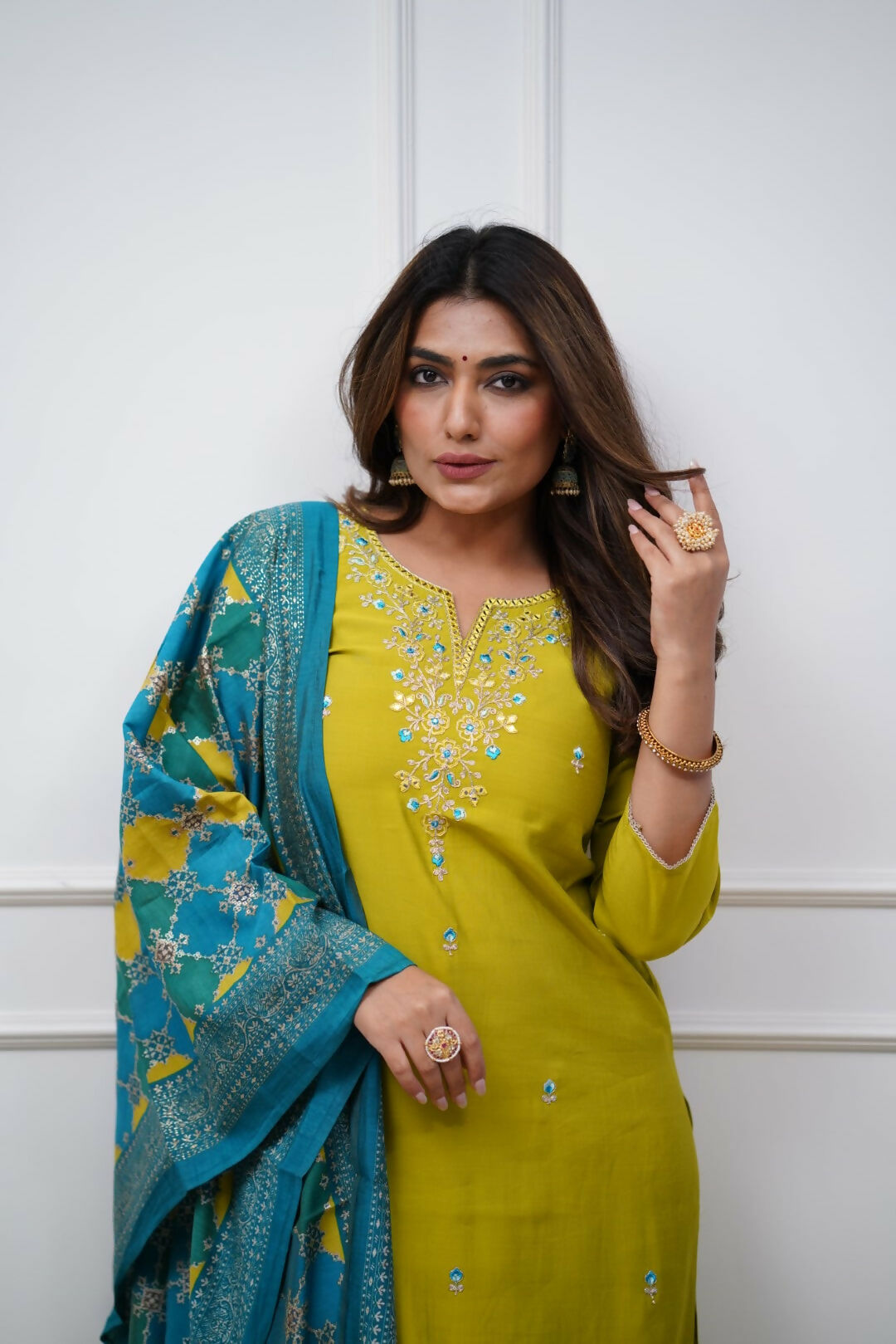 The52 Lemon Beautiful Embroidered Viscose Chanderi Fabric Straight Kurta Pant with Dupatta Set - Swadesiicart
