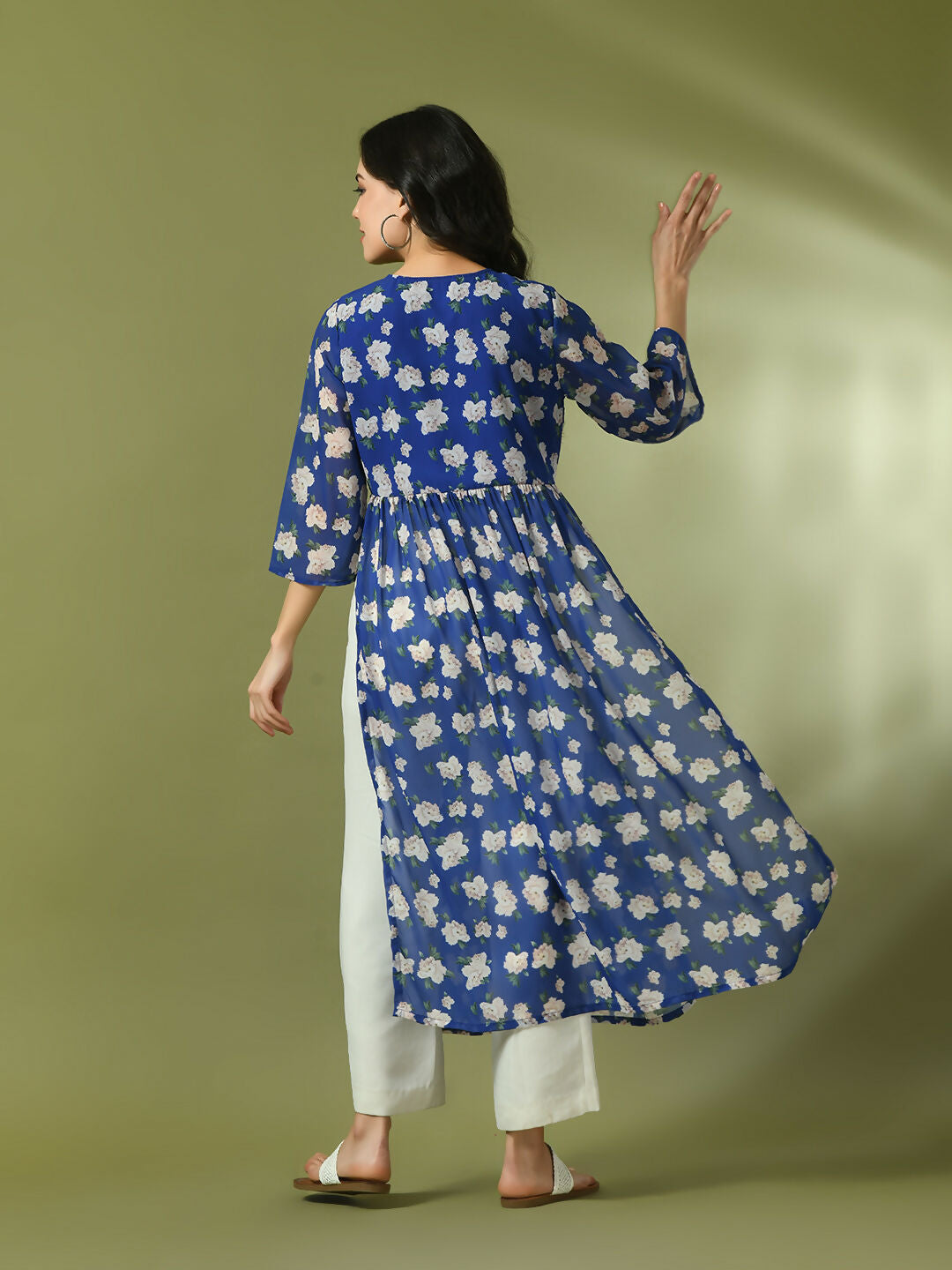 Myshka Women's Blue Printed Georgette A-Line Nyra-cut Kurta - Swadesiicart
