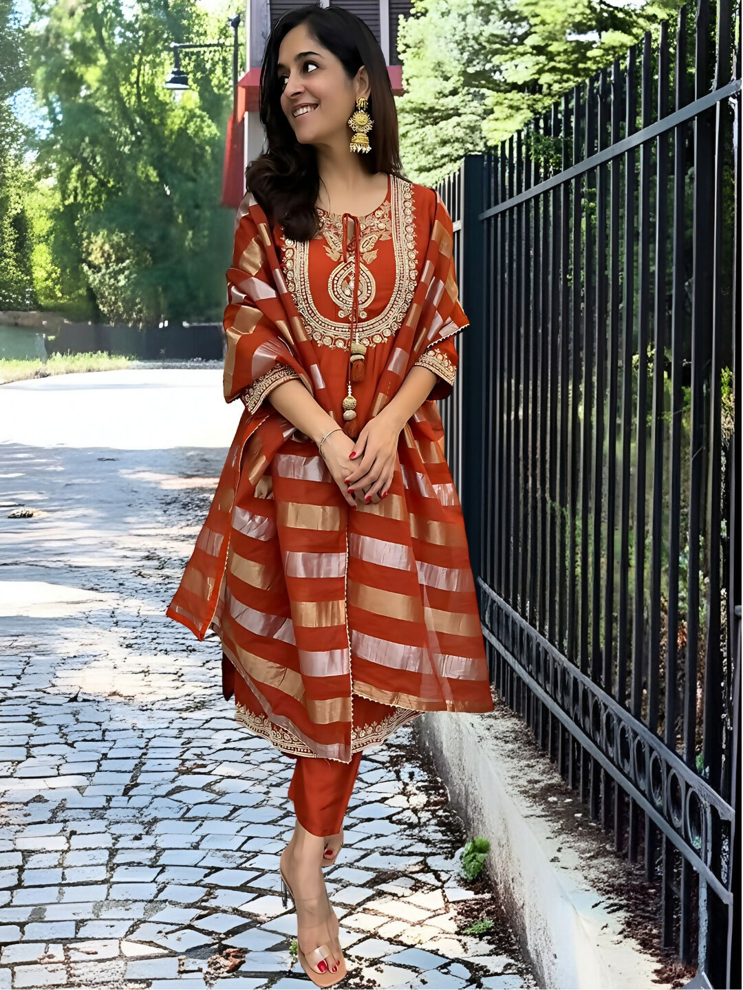 The52 Orange Women's Gorgeous Embroidered work Chanderi Fabric Straight Kurta, Pant and Dupatta Set - Swadesiicart