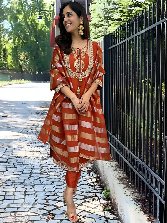 The52 Orange Women's Gorgeous Embroidered work Chanderi Fabric Straight Kurta, Pant and Dupatta Set - Swadesiicart