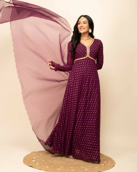 FIORRA Women's Wine Georgette Anarkali Kurta With Dupatta - Swadesiicart