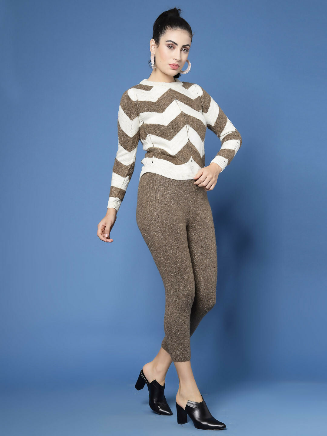 Women Cream Acrylic Stripe & Solid Winter Co-Ord Set - Wool Trees - Swadesiicart