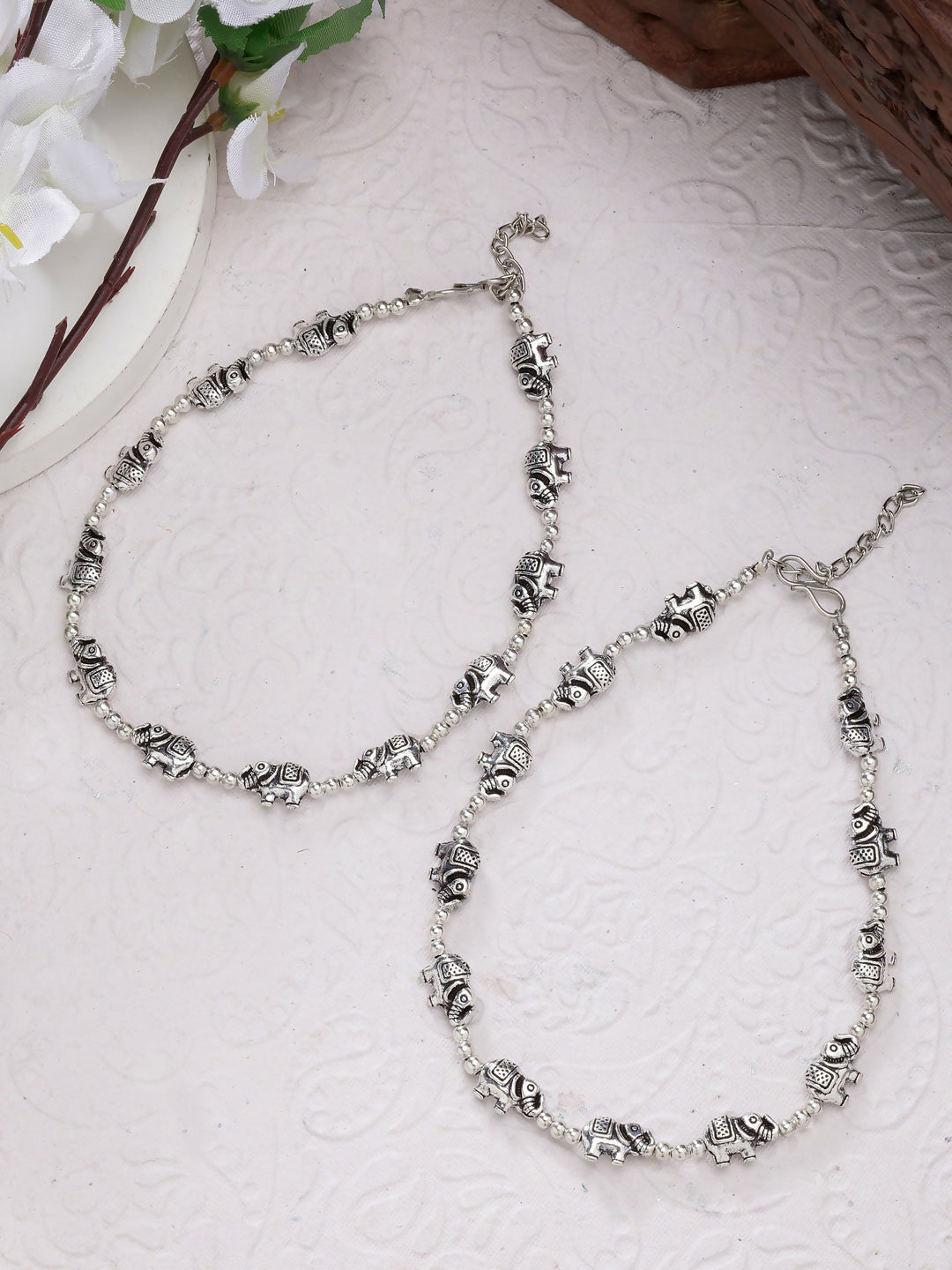 NVR Women's Set of 2 Silver-Plated Elephant Design Anklets | Swadesiicart