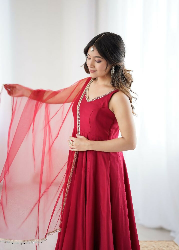Joban Fashion Maroon Kurta Set Chanderi Sequence Embroidery Work - Swadesiicart