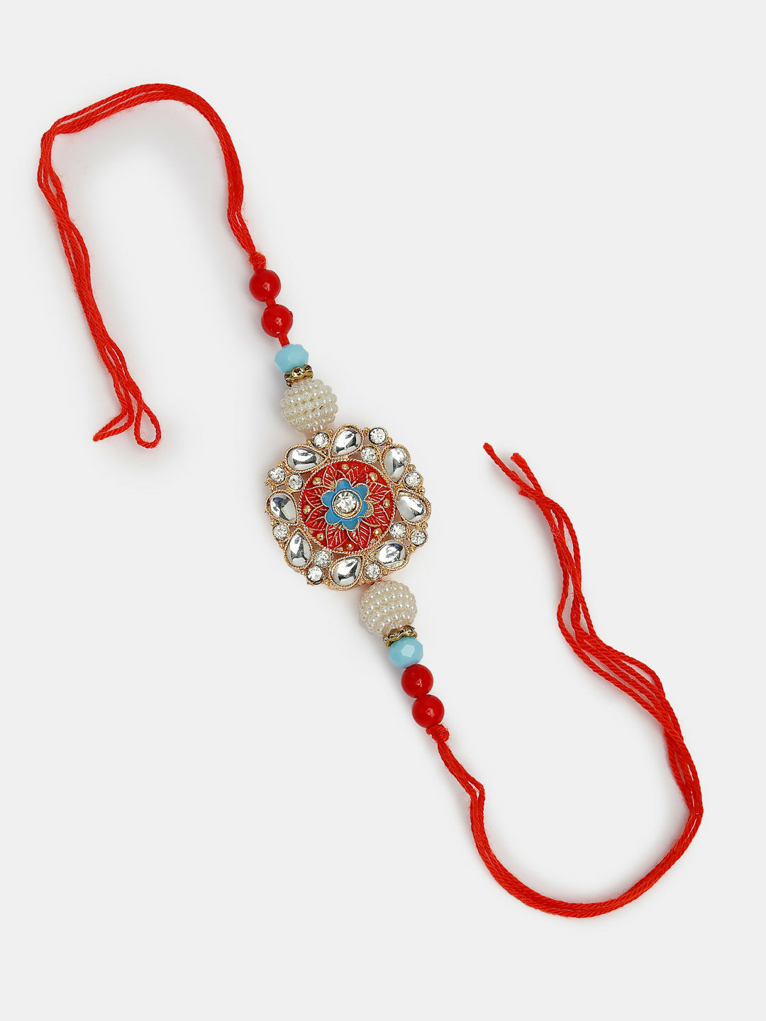 NVR Women & Men Set of 2 Red-colored Stone-Studded & Beaded Bhaiya Bhabhi Rakhi With Roli Chawal & Chocolate | Swadesiicart