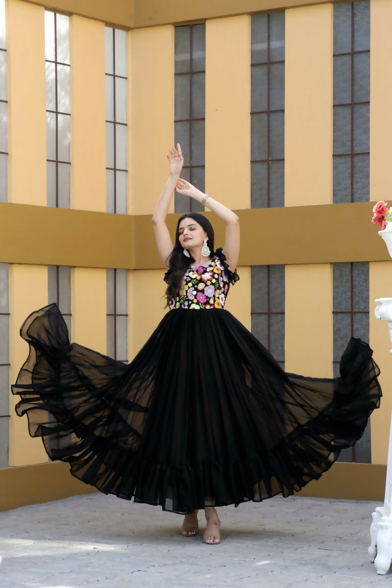 Jyoti Fashion Women's Black Sequins Thread Embroidery Faux Blooming Anarkali Dress | Swadesiicart