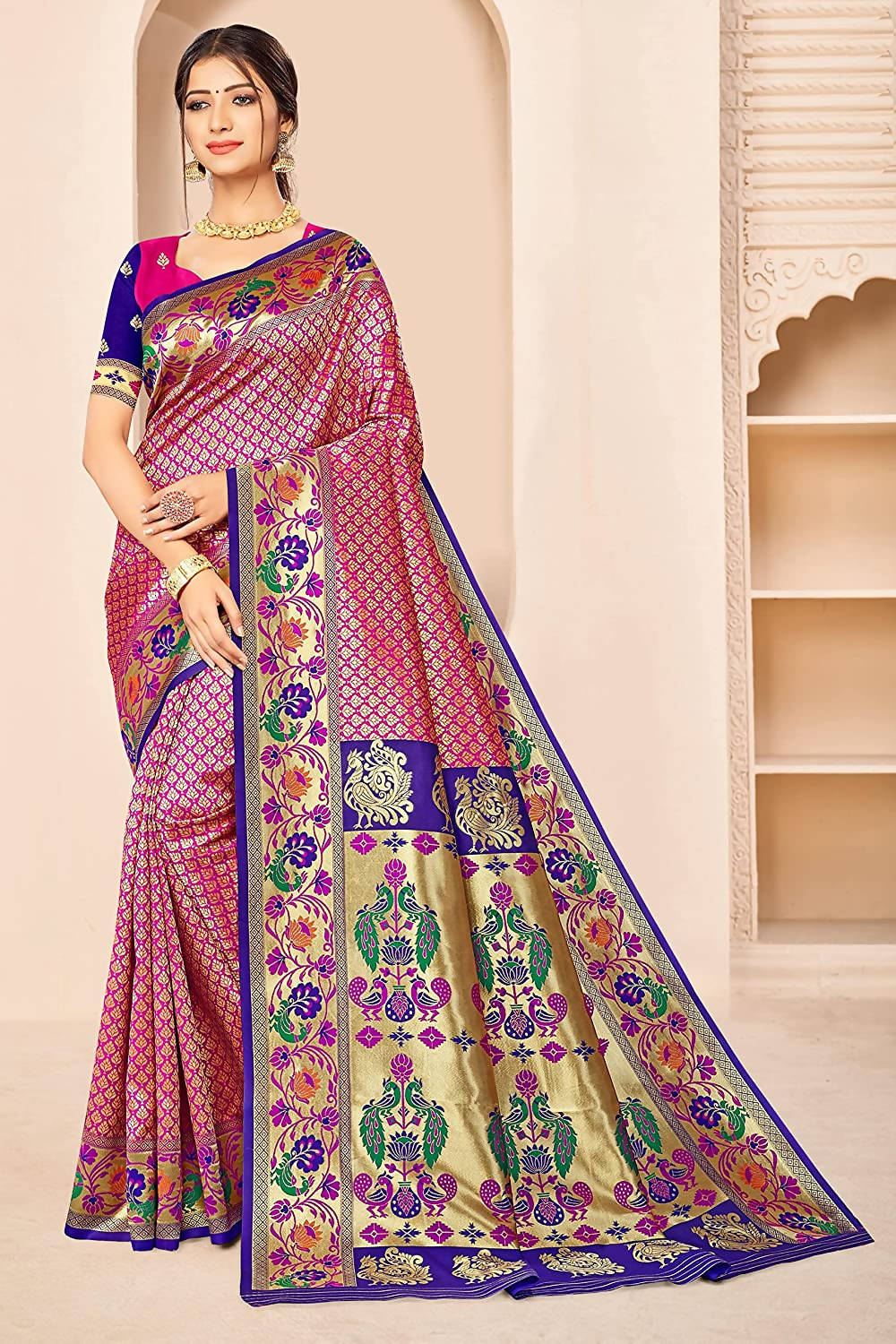 Jaanvi Fashion Women's Rani Blue Banarasi Paithani Silk With Zari Jacquard Work Saree With Blouse Piece | Swadesiicart
