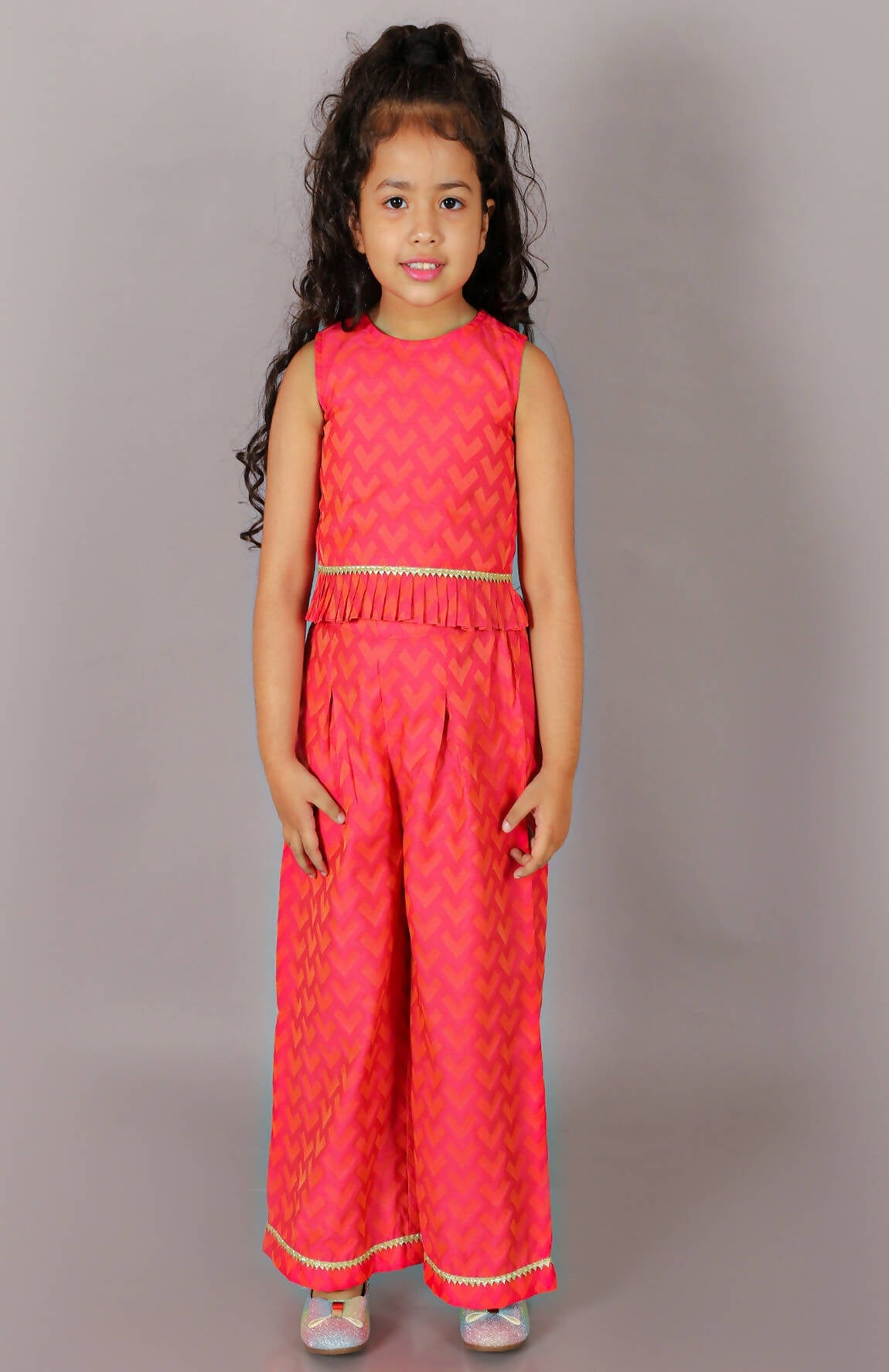 Lil Drama Folklore Girls Pink Crop Top With Pants Co-Ordinate Set - Swadesiicart
