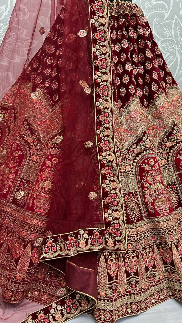 Jyoti Fashion Women's Maroon Velvet Multi Thread Embroidered with Zircon Diamond Wedding Lehenga Choli | Swadesiicart