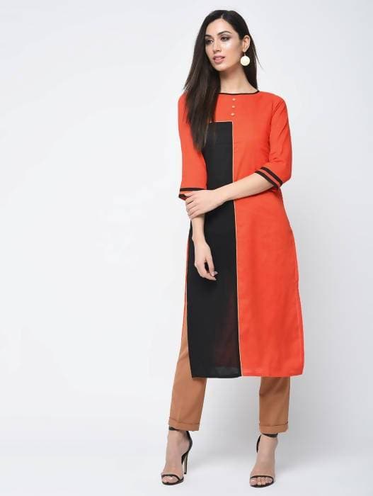 Aniyah Cotton Block Orange Straight Kurta (AN-124K) - Swadesiicart