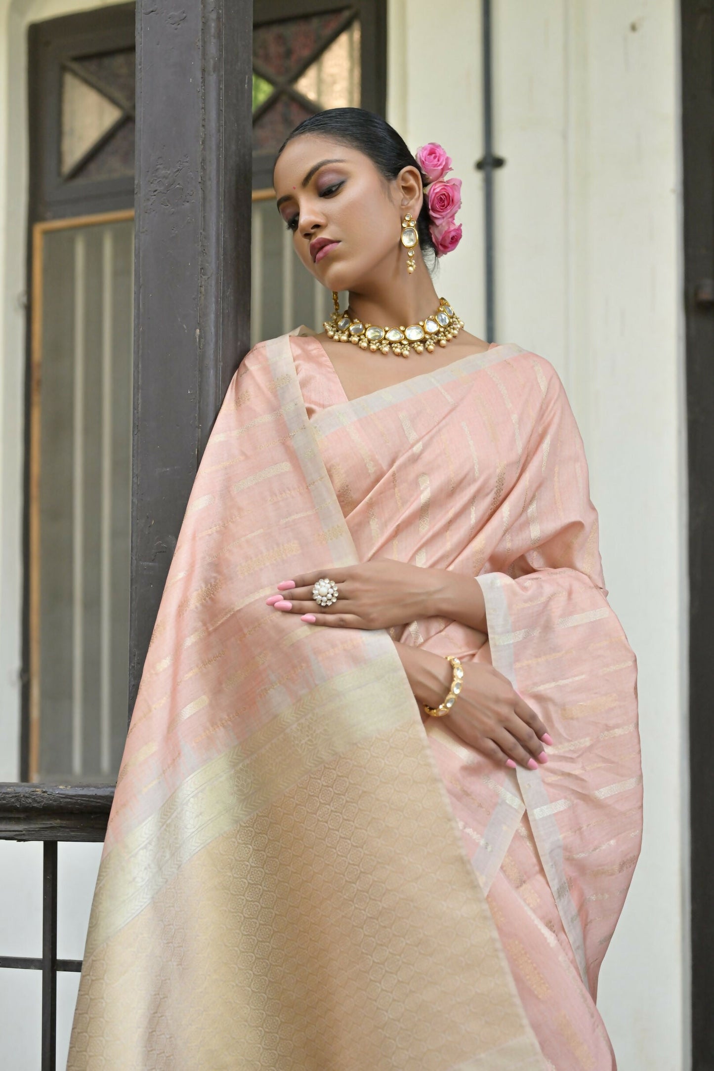 Vishnu Weaves Women's Peach Premium Tussar Silk Saree with Blouse - Swadesiicart