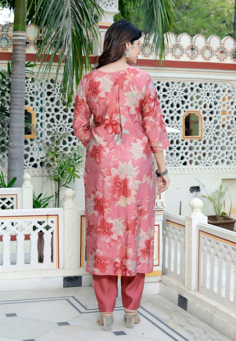 Miravan Women's Muslin Pink V-Neck Embroidered Kurta with Palazzo and Dupatta - Swadesiicart
